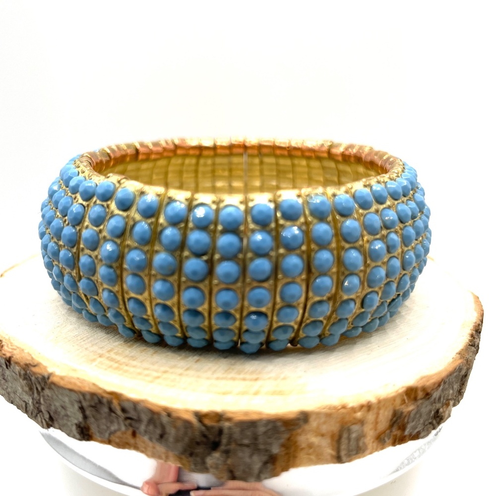 Bracelet Contemporary Gold Tone Aqua Blue Glass Rhinestone Stretch